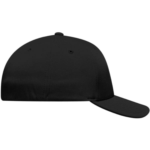A black Flexfit® cap featuring a curved visor and a fitted design, with a branding logo.