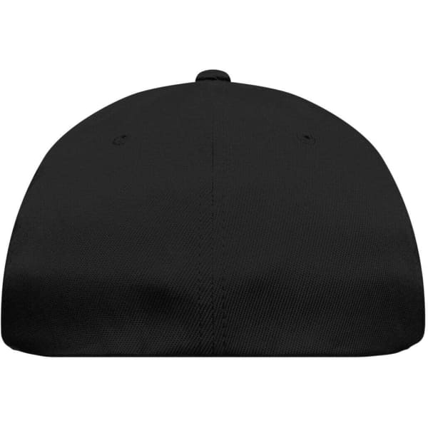 A black Flexfit® cap viewed from the back, featuring a smooth curved design and a logo.