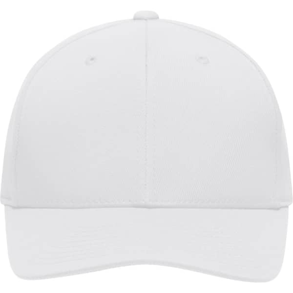 A white High Performance Flexfit® cap with a structured design and a logo on the front.