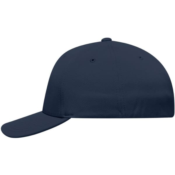 A navy blue High Performance Flexfit® cap featuring a curved visor and ventilation holes. Includes a logo.