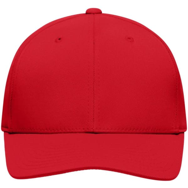 A red High Performance Flexfit® cap with a curved brim and a solid design, featuring a logo on the front.