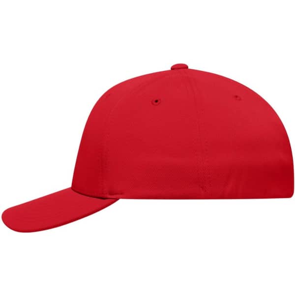 A red High Performance Flexfit® cap with a structured design and a curved brim. It features a logo.