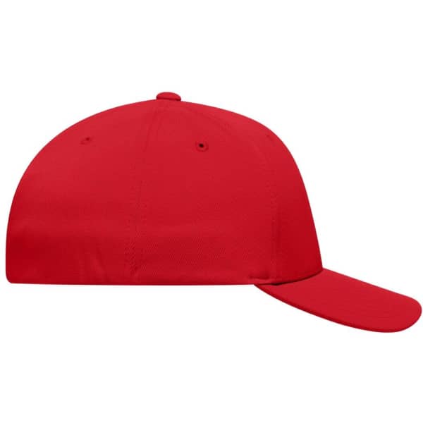 A red cap with a curved brim, featuring a logo on the front and a structured fit.