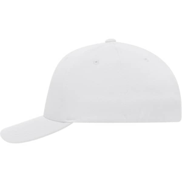 A white High Performance Flexfit® cap with a curved brim and an adjustable back. Features a logo.