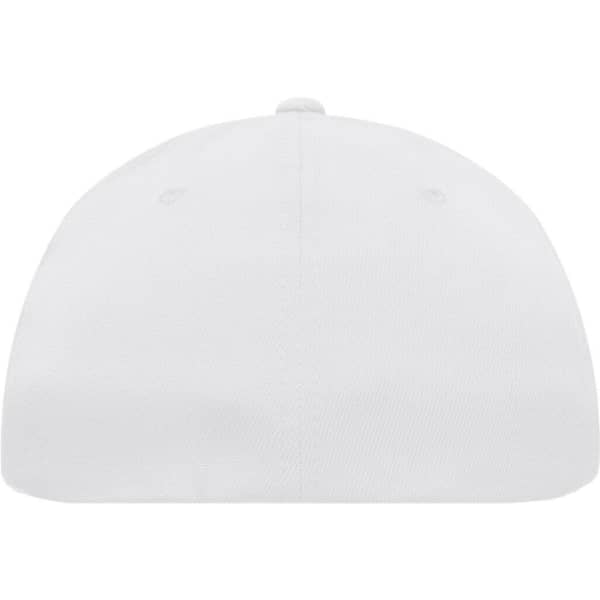 A white high-performance Flexfit® cap featuring a solid design and a logo on the front.