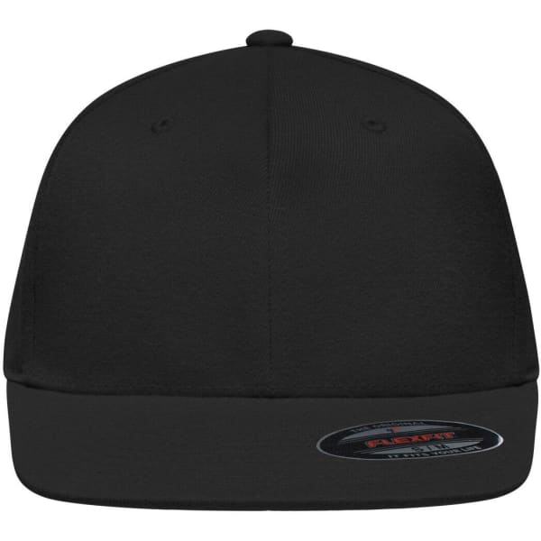 A black Flexfit® Flat Peak Cap with a sleek design and a branded tag on the side.