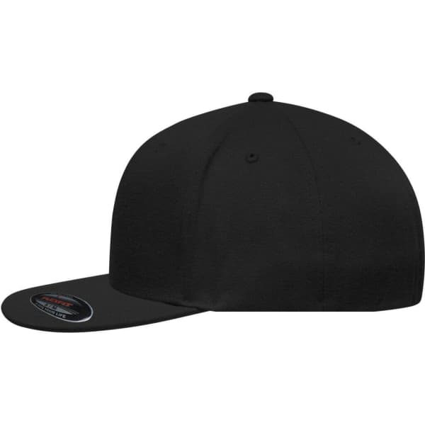 A black Flexfit® Flat Peak Cap with a flat brim and a logo on the side.