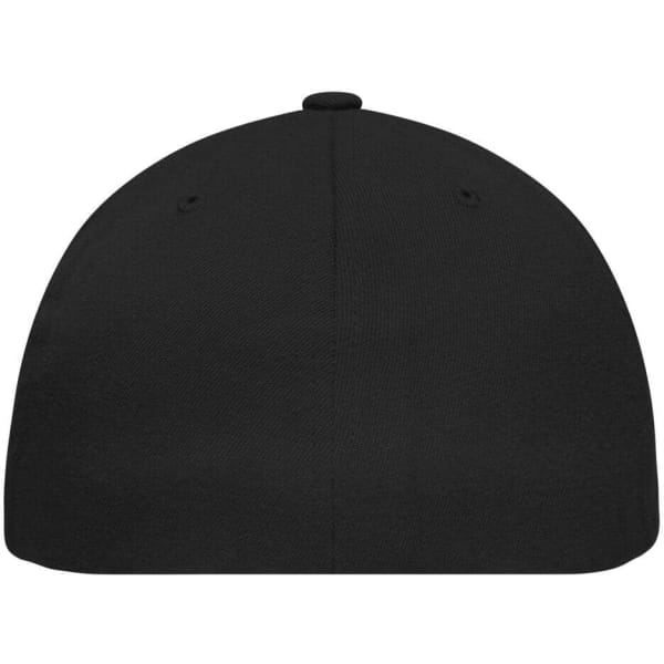 A black Flexfit® Flat Peak Cap featuring a smooth, rounded top and ventilation holes.
