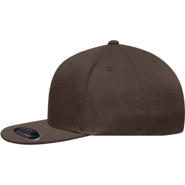 A brown Flexfit® Flat Peak Cap with a flat brim and a logo on the side.
