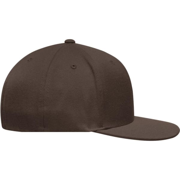 A brown Flexfit® Flat Peak Cap with a flat brim and a branded logo on the side.