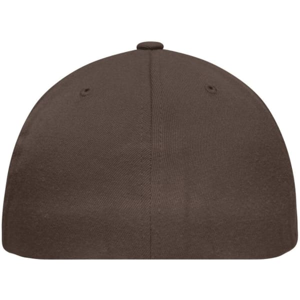 A flat peak cap in brown with a rounded top and ventilation holes, featuring a logo.