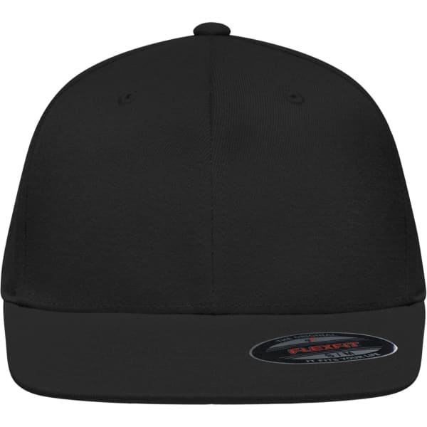 A black Flexfit® Flat Peak Cap featuring a structured design and a logo on the side.