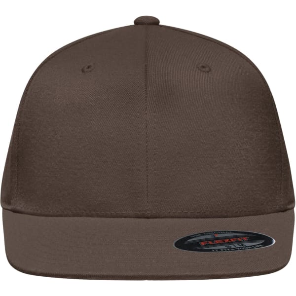 A brown Flexfit® Flat Peak Cap featuring a flat brim and a branded logo.