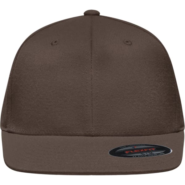 A brown Flexfit® Flat Peak Cap with a flat brim and a logo on the side.