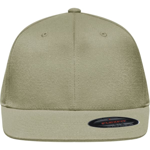 A flat peak cap in a light khaki colour with a branded label and stitching details.
