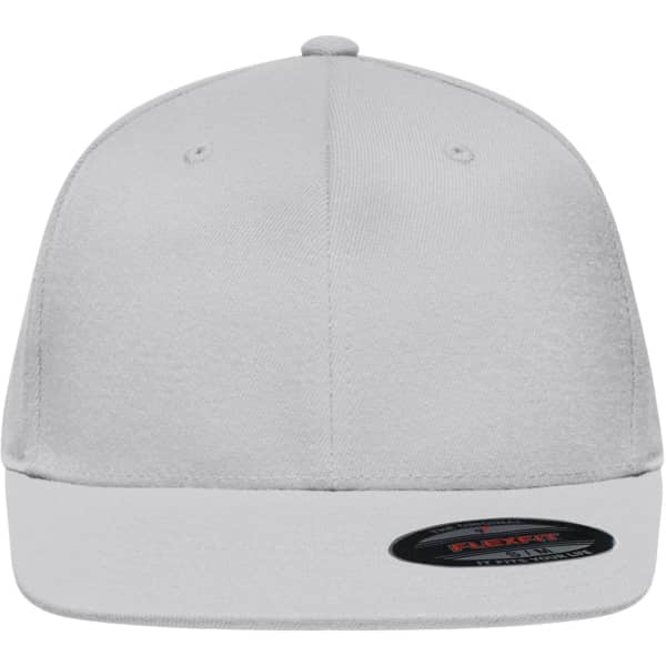 A grey Flexfit® Flat Peak Cap featuring a flat peak design and a branding logo on the side.