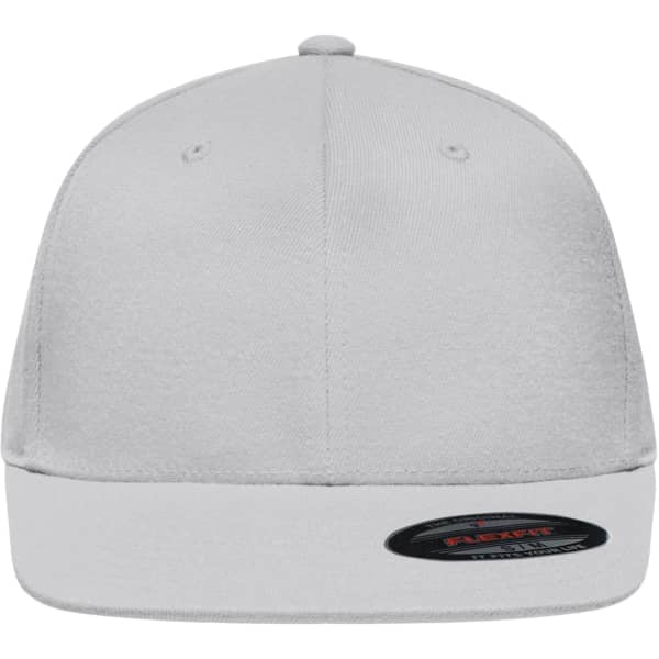 A grey Flexfit® Flat Peak Cap with a flat brim and adjustable back. Features branding on the side.