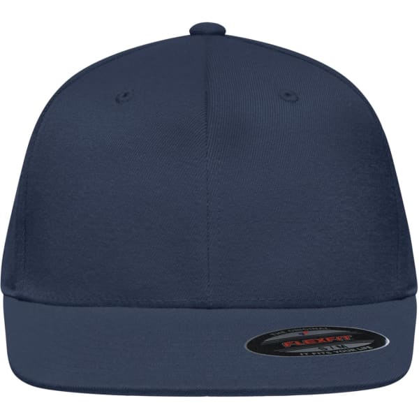 A navy flat peak cap featuring a logo, designed for stylish headwear.