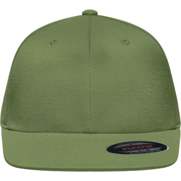 A green Flexfit® Flat Peak Cap with a flat visor and a logo on the band.