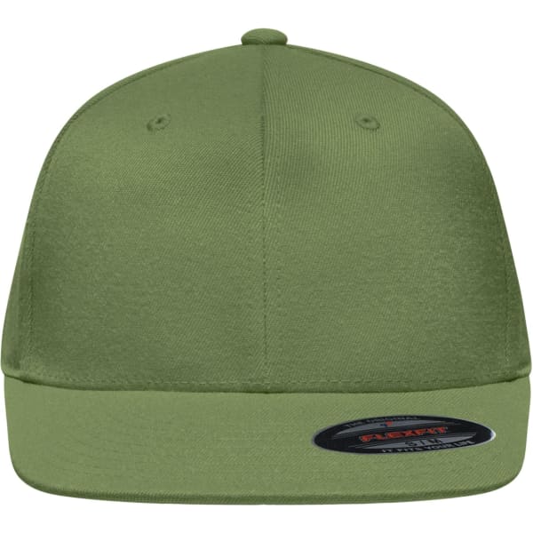 A green Flexfit® flat peak cap with a rounded crown and a flat visor, featuring a branding label.