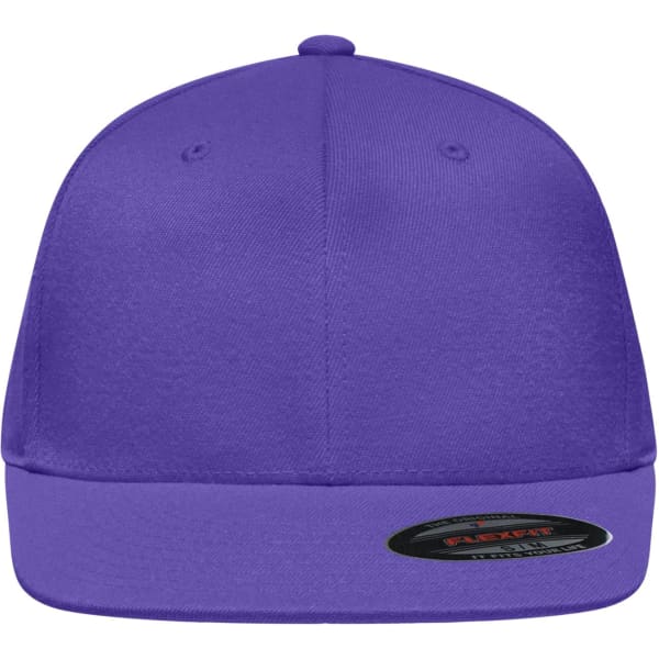 A purple Flexfit® Flat Peak Cap with a rounded top and a stylish flat brim, featuring a logo.