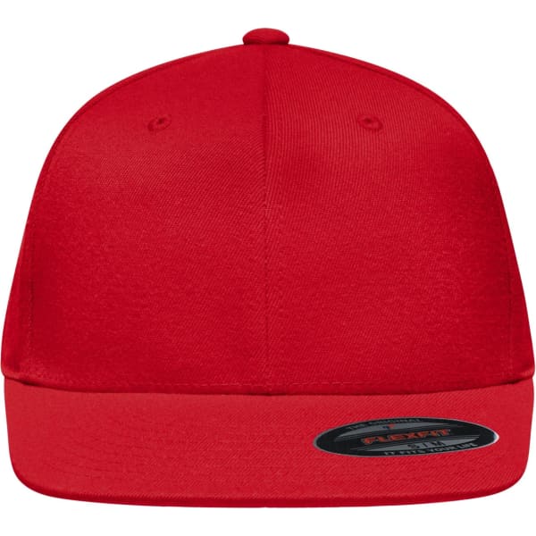 A red Flexfit® Flat Peak Cap with a flat brim and a logo on the side.
