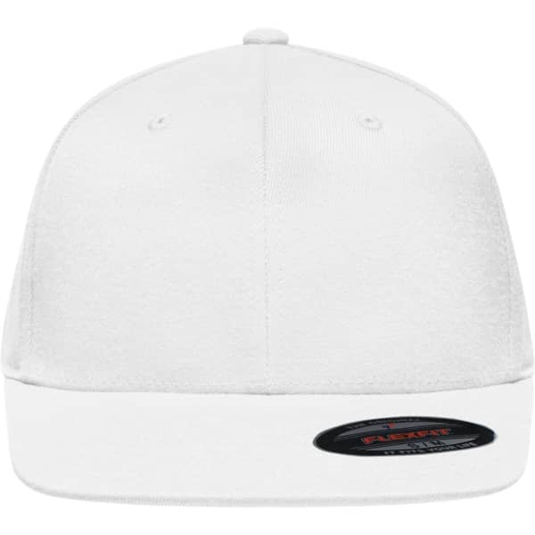 A white Flexfit® Flat Peak Cap with a flat peak and a branded label on the side.