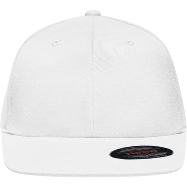 A white Flexfit® Flat Peak Cap featuring a flat peak design and a branded label on the side.