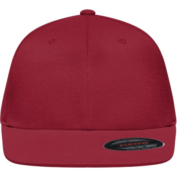 A red Flexfit® Flat Peak Cap with a flat peak and an adjustable band, featuring a logo.