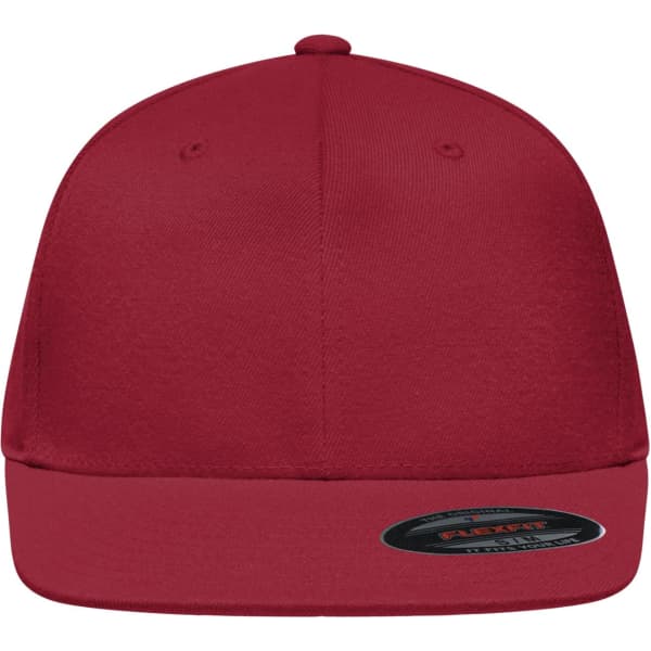 A red Flexfit® Flat Peak Cap featuring a flat peak and a branded logo.
