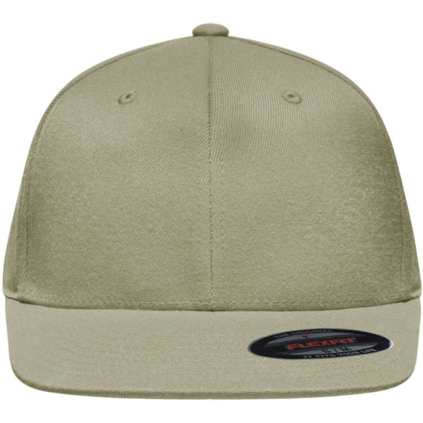 A flat peak cap in a light beige colour, featuring a branded logo on the side.