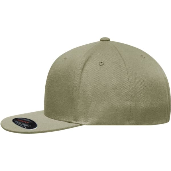 A khaki Flexfit® Flat Peak Cap featuring a flat peak and a logo on the side.