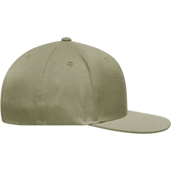 A flat peak cap in a muted olive green shade with a solid design and a logo on the front.
