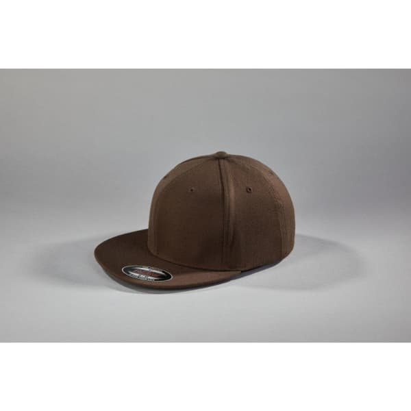 A brown Flexfit® Flat Peak Cap with a flat visor and a branded logo.
