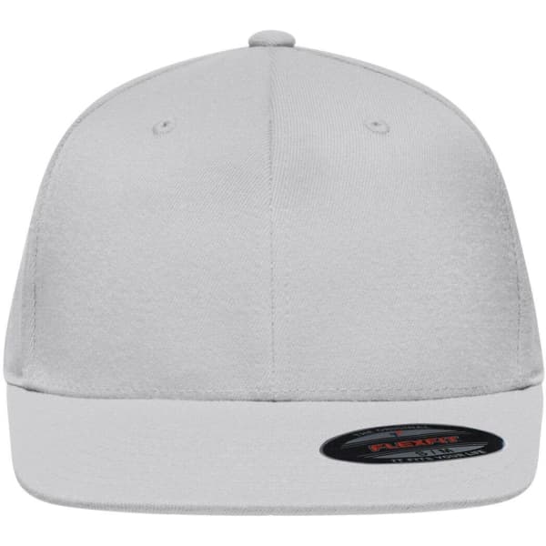 A grey Flexfit® Flat Peak Cap with a flat peak and a branded patch on the side.