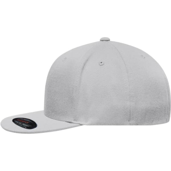A grey Flexfit® Flat Peak Cap with a flat brim and a logo on the side.