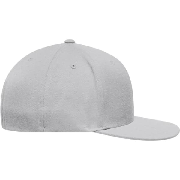 A grey Flexfit® Flat Peak Cap with a structured design and a flat brim, featuring a logo on the side.