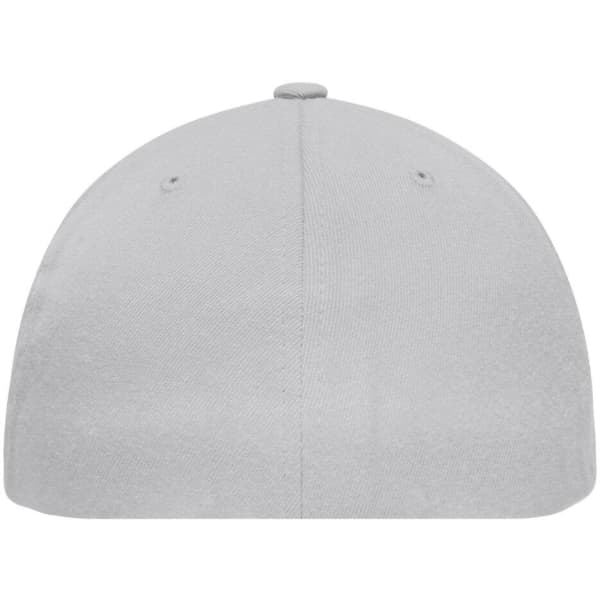 A flat peak cap in grey with a smooth surface and a central button on the top. It features ventilation eyelets.