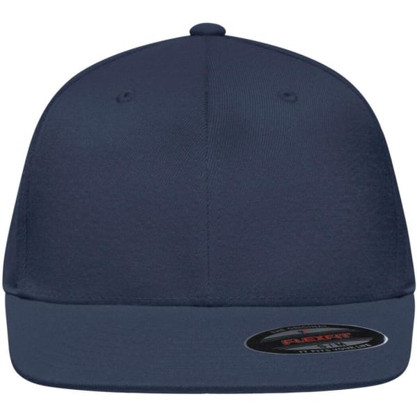A navy flat peak cap with a fitted design and a branded logo on the side.