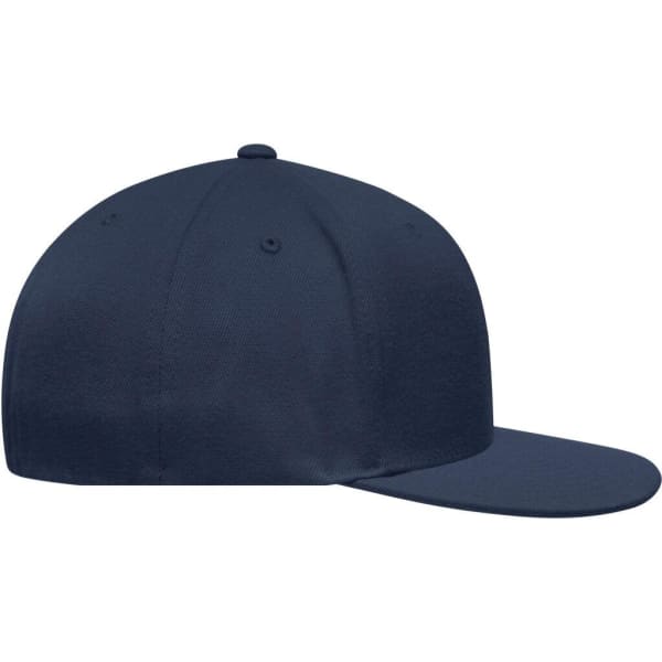 A navy Flexfit® Flat Peak Cap with a flat brim and a button on top, featuring an unembellished design.