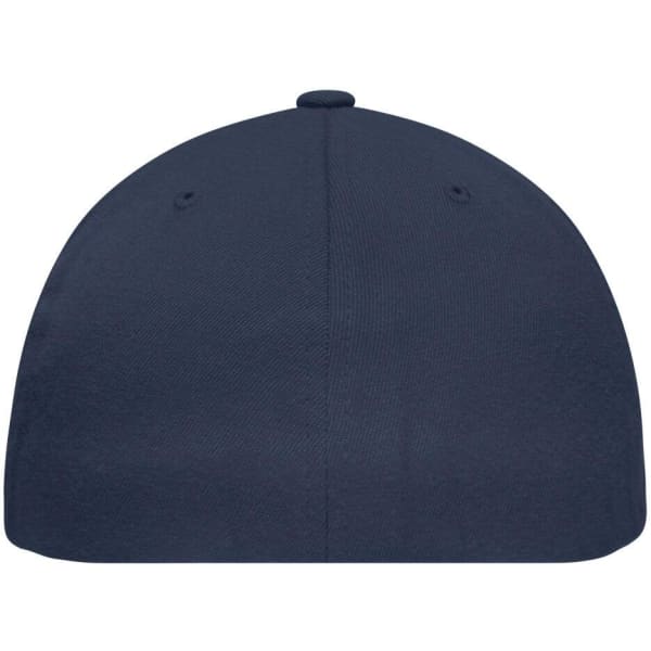 A navy flat peak cap with a smooth surface and a small button on top. It features ventilation holes and has a logo.