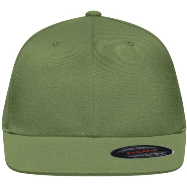 A flat peak cap in olive green, featuring a branded logo on the side.