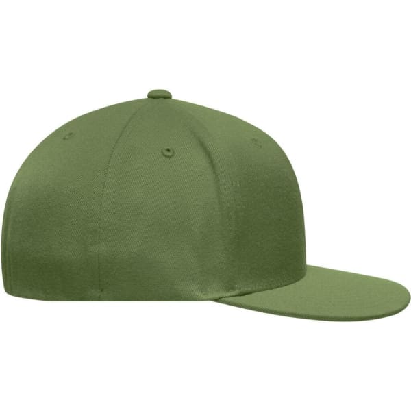 A green Flexfit® Flat Peak Cap with a flat brim and an adjustable back. The cap features a branding logo.