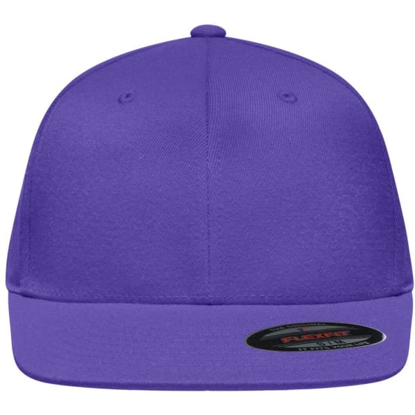 A purple Flexfit® Flat Peak Cap with a flat brim and fitted design, featuring a logo on the side.