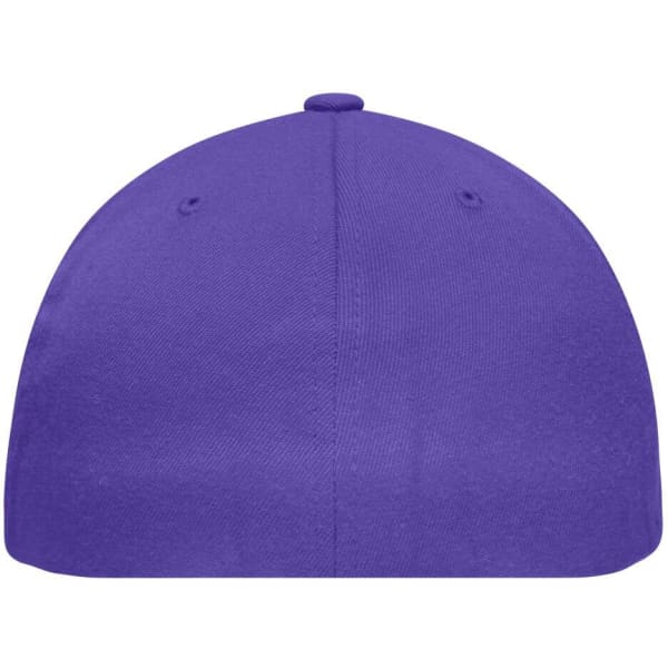 A purple Flexfit® Flat Peak Cap, featuring a rounded top with stitching and ventilation holes.
