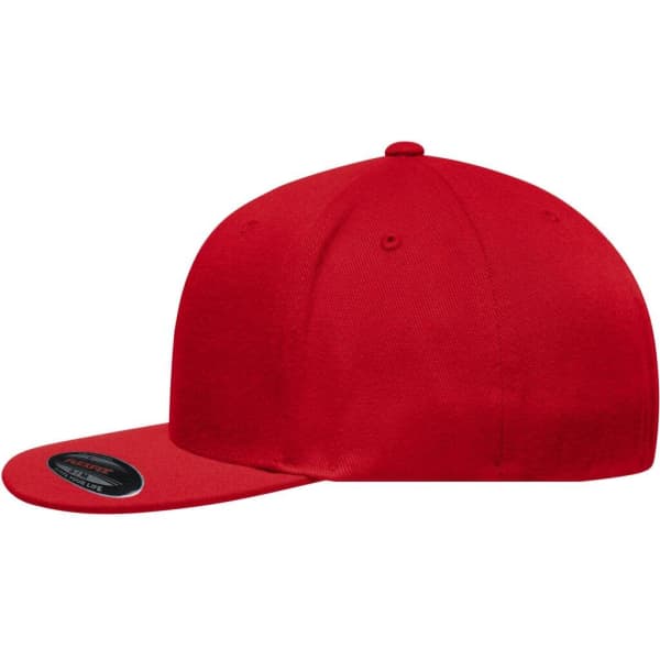 A red Flexfit® Flat Peak Cap featuring a flat peak and a logo.
