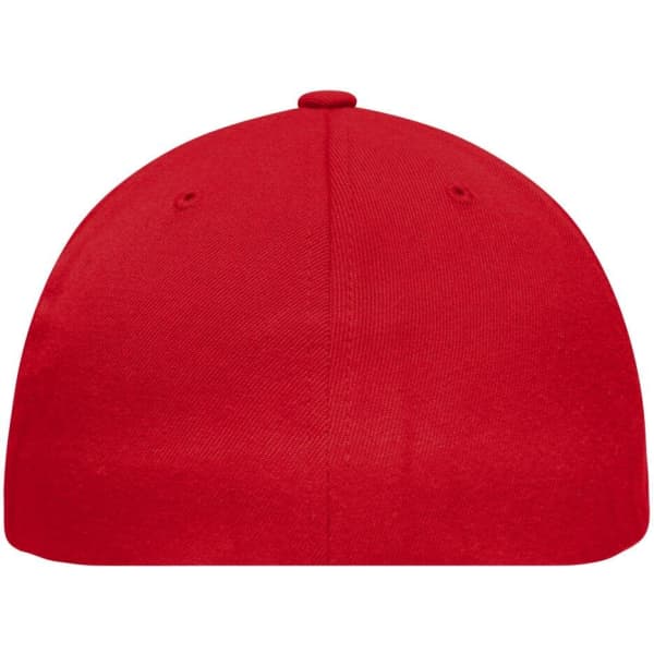 A red Flexfit® Flat Peak Cap with a smooth surface and a rounded top, featuring ventilation holes.