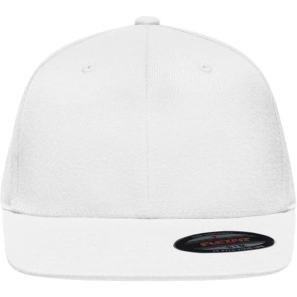 A white Flexfit® Flat Peak Cap with a branded logo on the side, featuring a flat peak design.