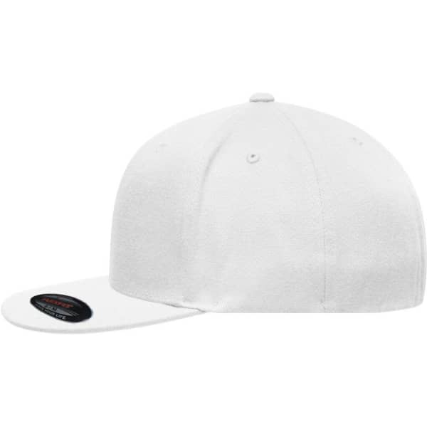 A white Flexfit® Flat Peak Cap with a flat brim and a logo. The cap has a smooth finish and no embellishments.