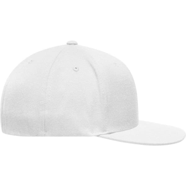 A white Flexfit® Flat Peak Cap with a curved brim and a fitted design. It features branding on the side.